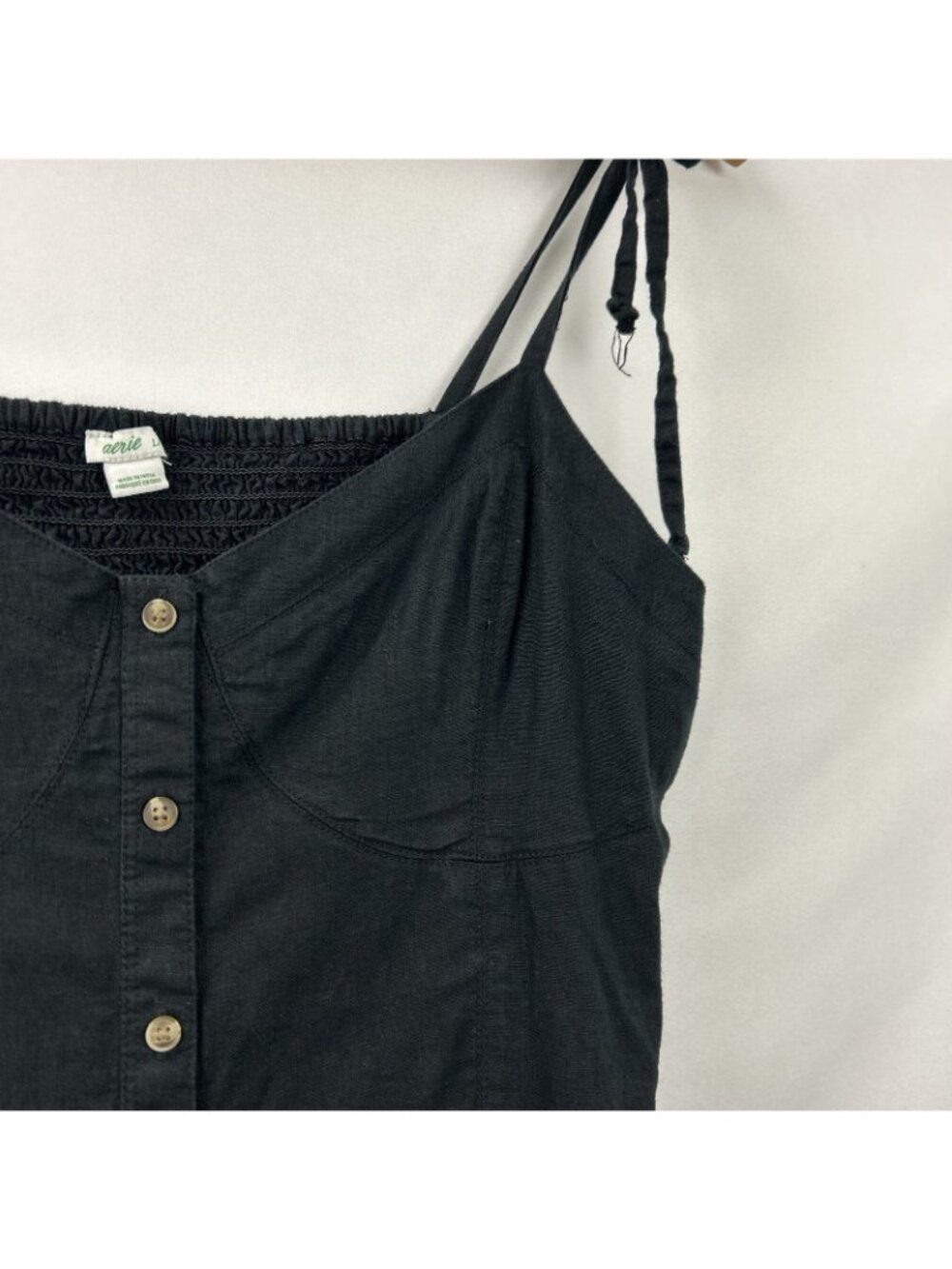 Aerie Women’s Black Linen Blend Smocked Mini Corset Dress Size Large Babydoll - Picture 8 of 12